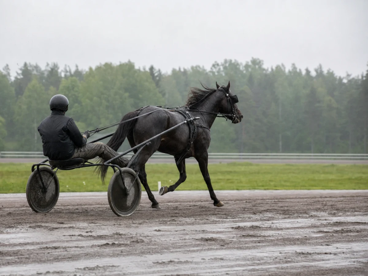 En travhäst med kusk i sulky travar på en svensk travbana.